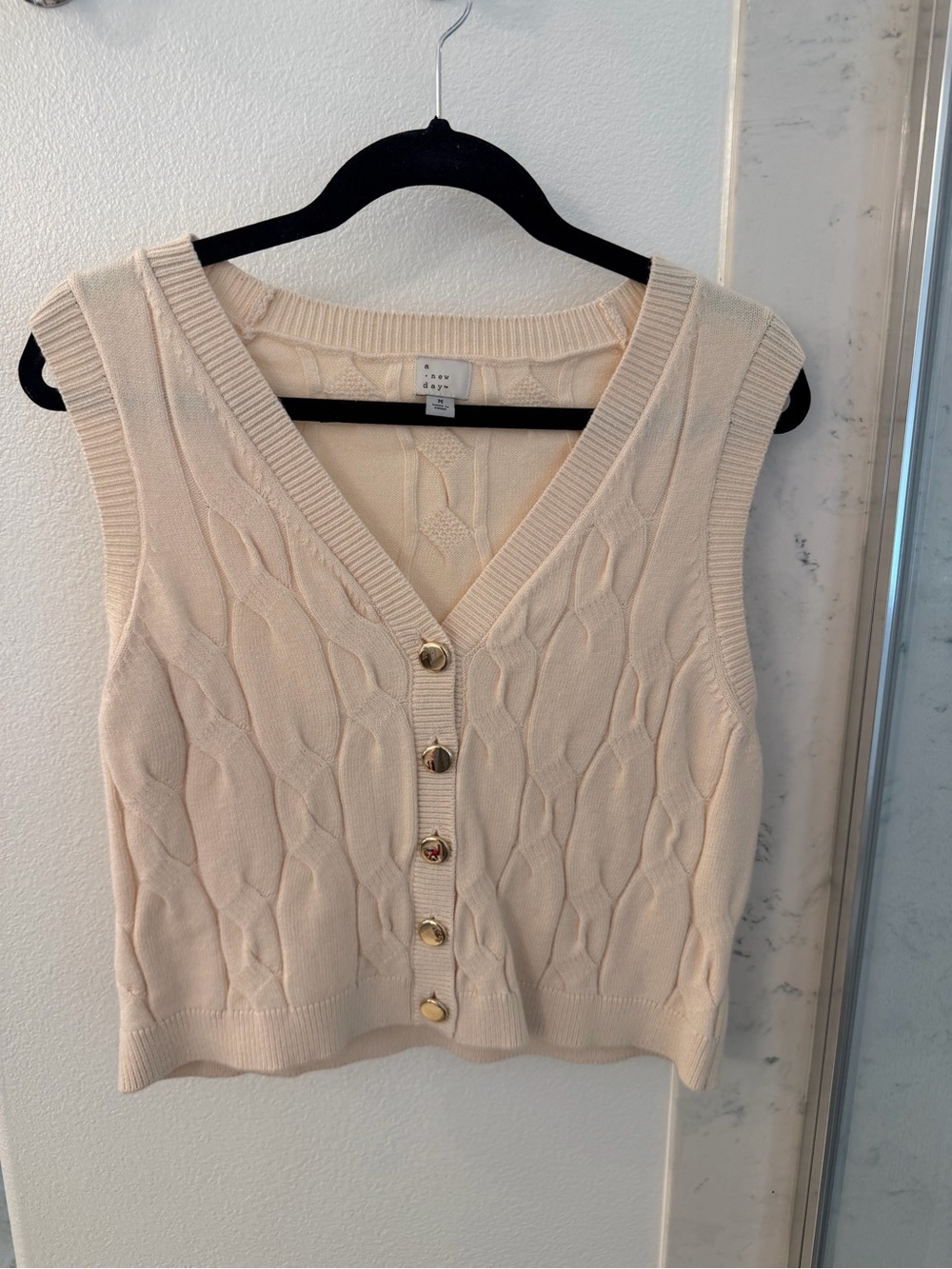 a new day Cream Cable-Knit V-Neck Sweater Vest with Gold Buttons